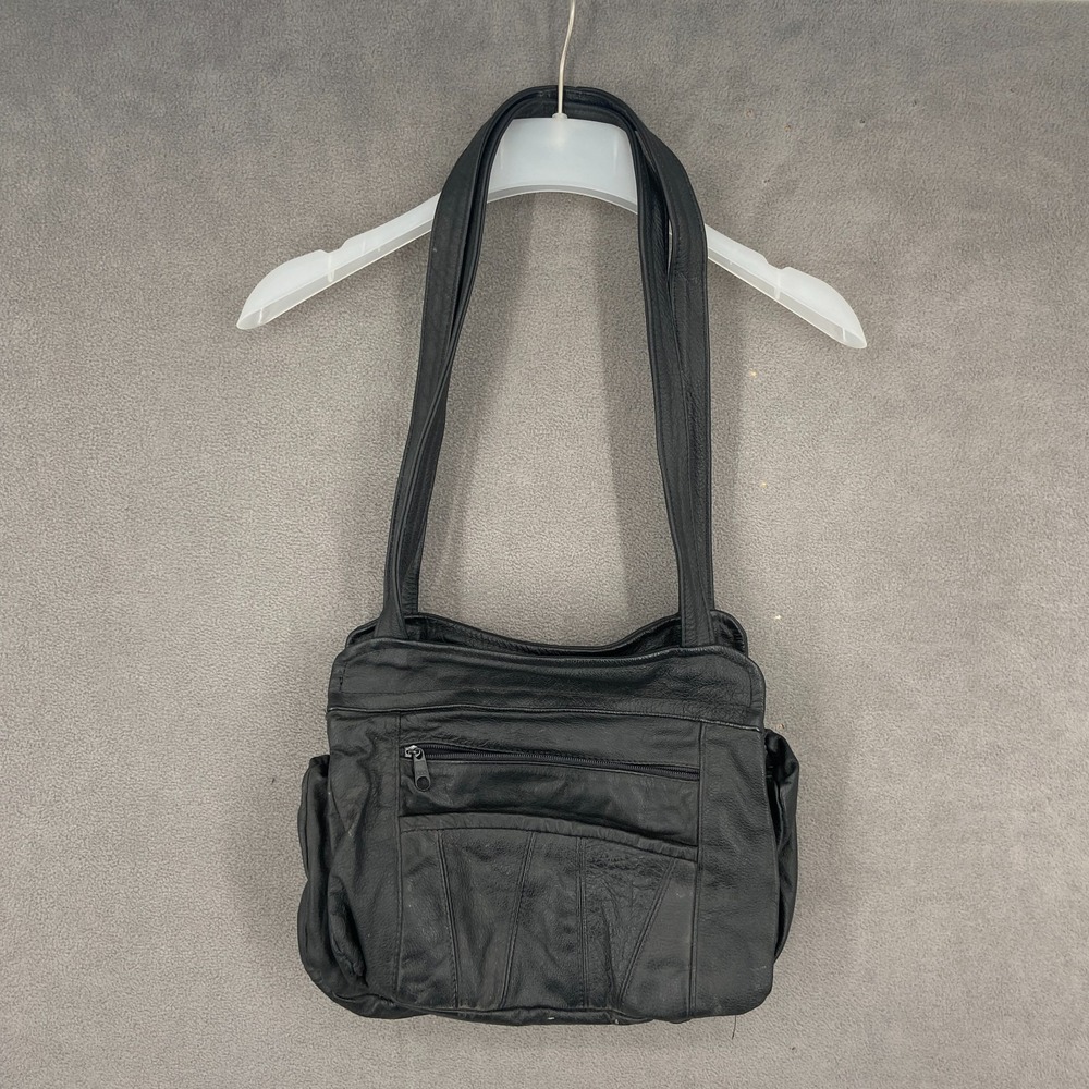 Vintage Unisex Black Leather Multiple Pockets Dual Carry Straps Shoulder Bag